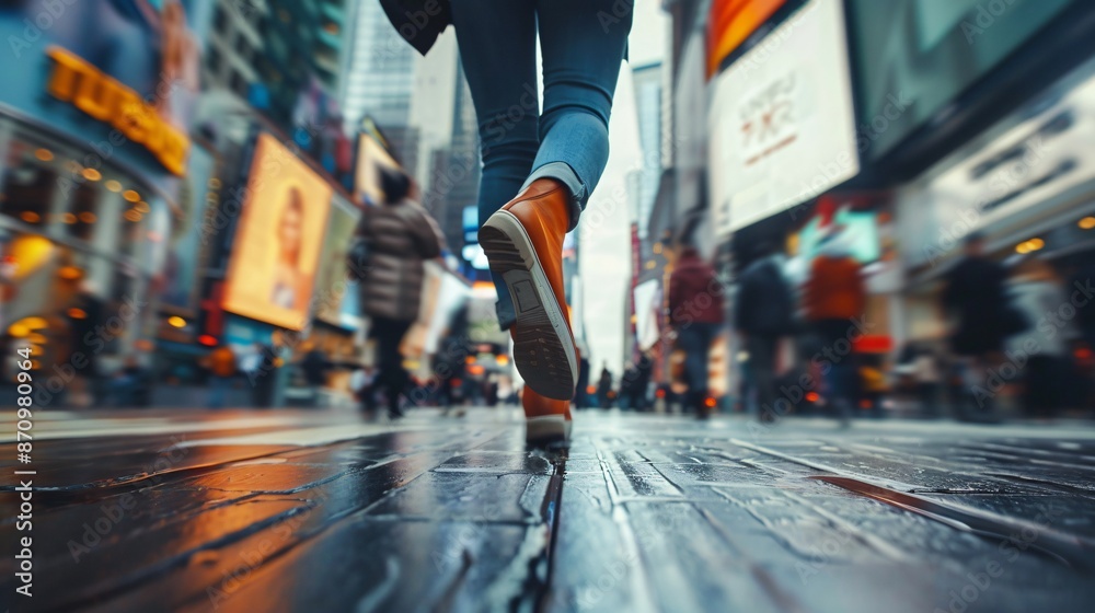 Fototapeta premium A person walking through a bustling city street, shot from the waist down to capture movement and fashion