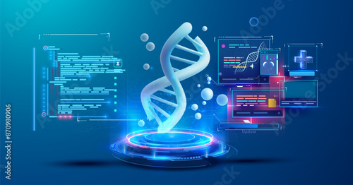 Digital illustration showcases a glowing DNA strand surrounded by dynamic data streams, symbolizing cutting-edge technology in genetic research and bioinformatics. Vector photo
