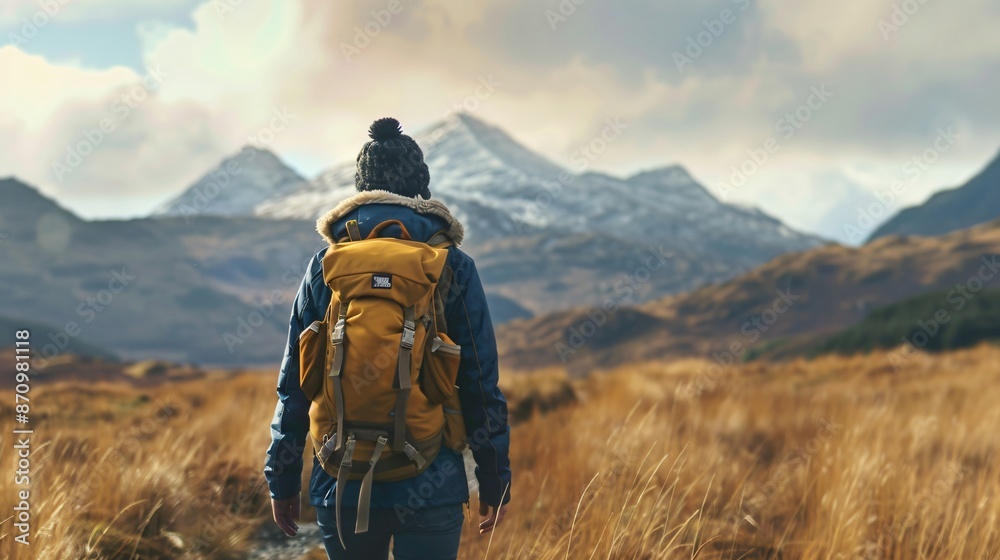 A person with a backpack, walking towards a distant mountain range, shot from behind A person with a backpack, walking towards a distant mountain range, shot from behind