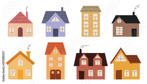 Set of houses, vector clipart collection with houses in hand drawn style, isolated simple houses