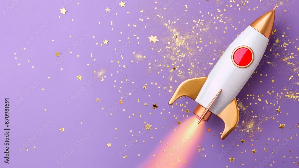 Metallic brass retro toy rocket on a pastel purple background with golden confetti, cosmonautics space day Metallic brass retro toy rocket on a pastel purple background with golden confetti, cosmonautics space day