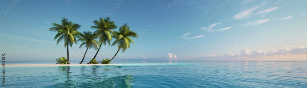 Serene tropical island with palm trees surrounded by calm ocean, under a clear blue sky, perfect for peaceful getaways and exotic retreats. Serene tropical island with palm trees surrounded by calm ocean, under a clear blue sky, perfect for peaceful getaways and exotic retreats.