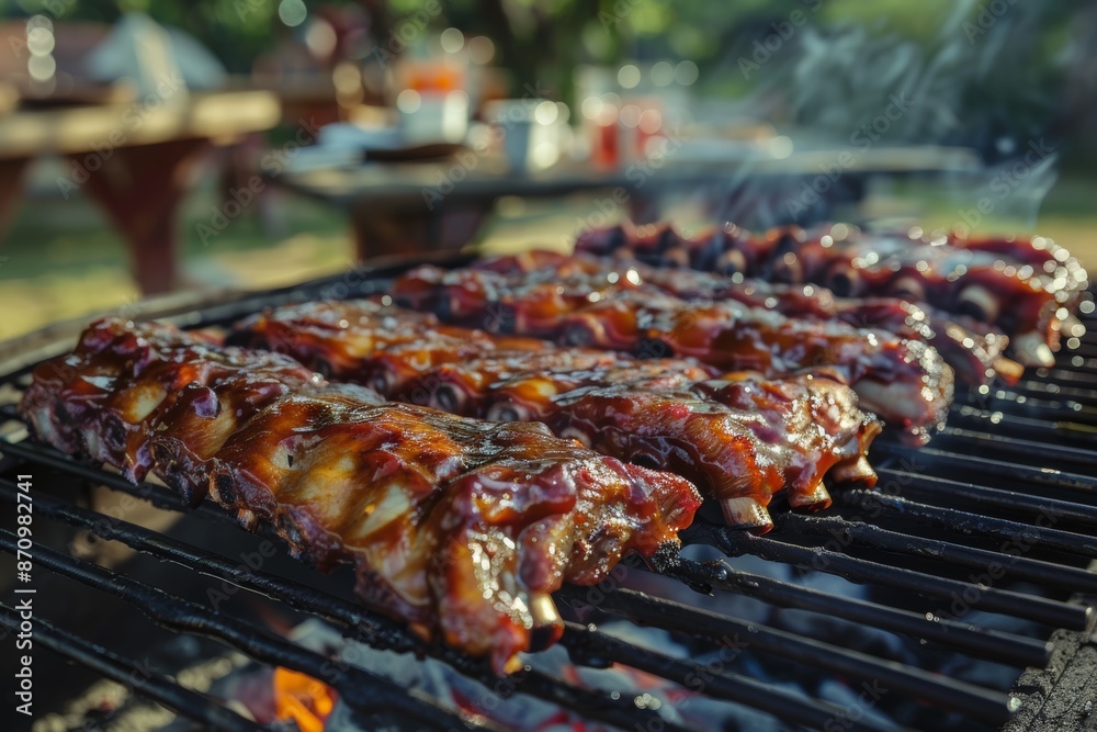 Juicy Barbecue Pork Ribs Grilling with Smoky Glaze in Rustic Outdoor Setting for Delicious Meal