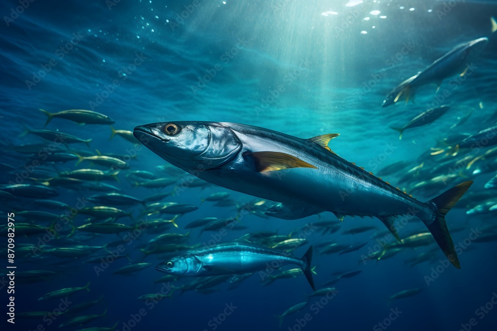 Fototapeta premium Shark swimming in ocean and aquarium environment with various underwater fish and marine life