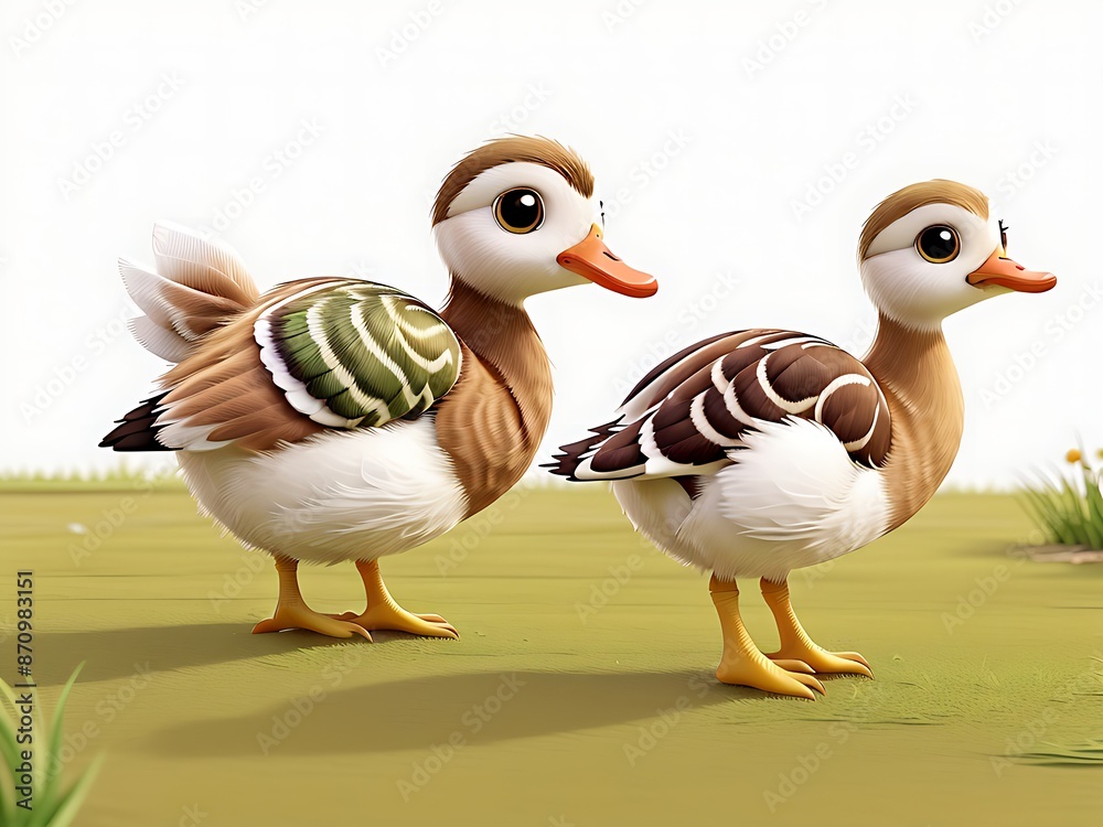 3d cute little duck. Ducks are expressing and playing, grass and puddles of water 3d cute little duck. Ducks are expressing and playing, grass and puddles of water