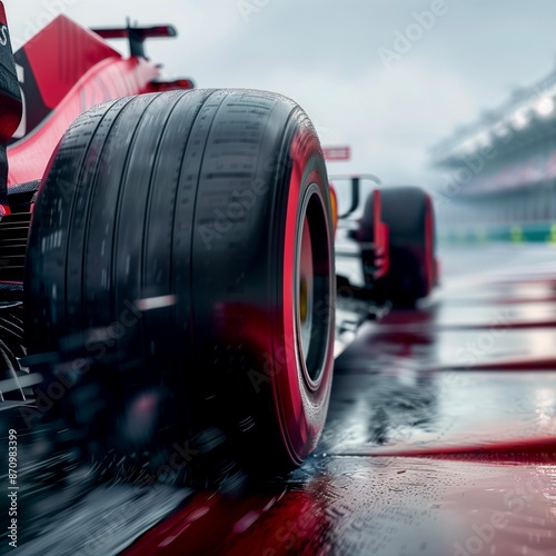 High-performance tire, Racing tire close-up, Professional racing tires, Formula 1 tire in action, Slick racing tire, Advanced tire technology, Motorsport tire, Wet track tire grip, Speed and traction,