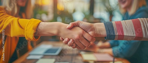 Women's B2B cooperation and collaboration handshake at a digital marketing conference