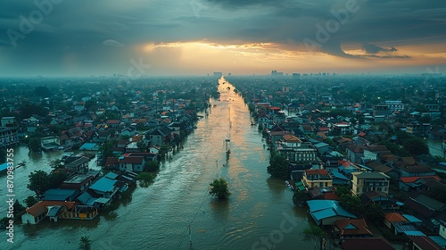 Realistic photo of a flood-prone area with resilient infrastructure, demonstrating climate resilience and adaptive measures in flood management. , Minimalism, photo