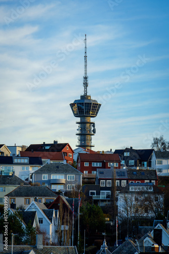Trondheim, Norway - Residential area with protruding tower, a 126 metre tall radio tower with an observation deck