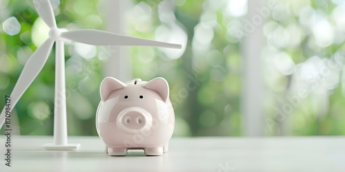 Symbolism of wind turbine and piggy bank in promoting sustainability and financial efficiency. Concept Sustainability, Financial Efficiency, Wind Turbine Symbolism, Piggy Bank Symbolism photo