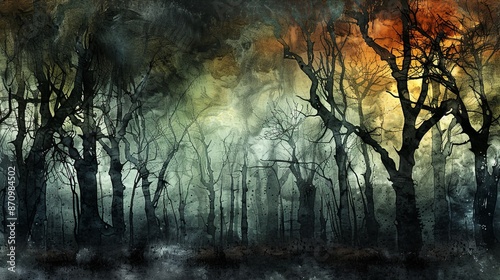 Surreal Watercolor Nightmare: Noxious Chemical Spill Ravaging Forest, Trees Withering in Eerie Darkness