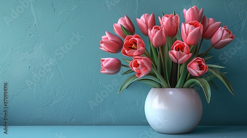 Bouquet of pink tulips in white vase against textured teal wall