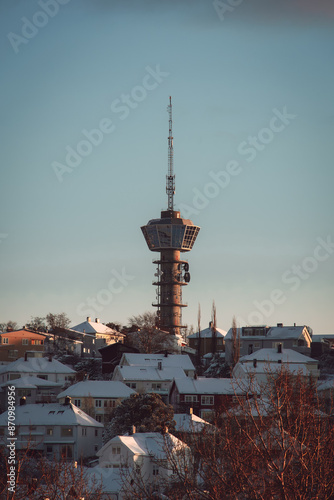 Trondheim, Norway - Residential area with protruding tower, a 126 metre tall radio tower with an observation deck and restaurant