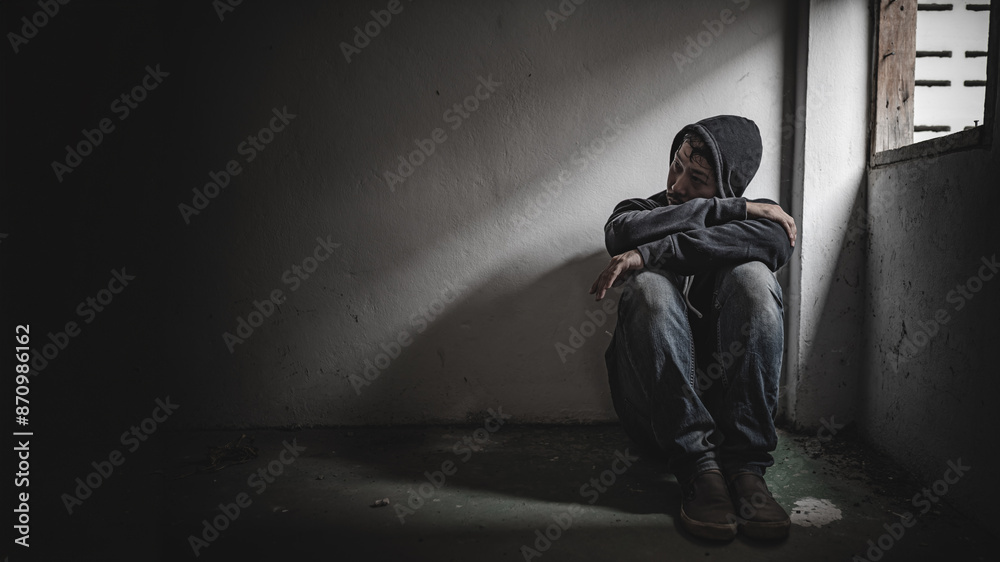 Asian man addict drug in the deserted place,A junkie feels alone in this world,Sad young man sitting in the corner of the room,People are stressed and have depression Asian man addict drug in the deserted place,A junkie feels alone in this world,Sad young man sitting in the corner of the room,People are stressed and have depression