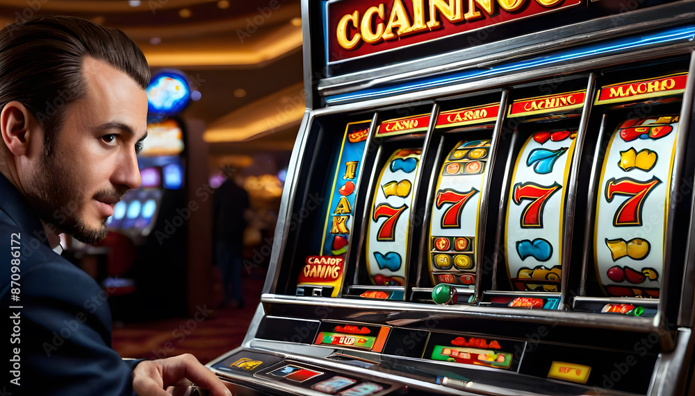 Naklejka premium A man in a suit playing a slot machine in a casino. The slot machine displays a winning combination of three sevens.
