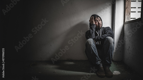 Fotografía Asian man addict drug in the deserted place,A junkie feels alone in this world,S