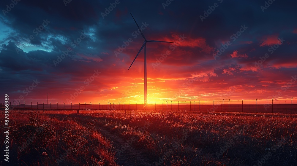Obraz premium Realistic photo of a wind turbine silhouetted against a dramatic sunset, capturing the beauty and potential of renewable energy. , Minimalism,