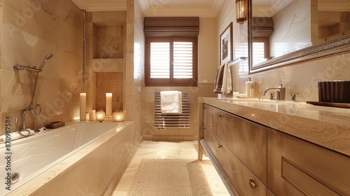 Modern Bathroom Interior with Towel Warmer and Heater, Elegant Bathtub, and Large Mirror © spyrakot