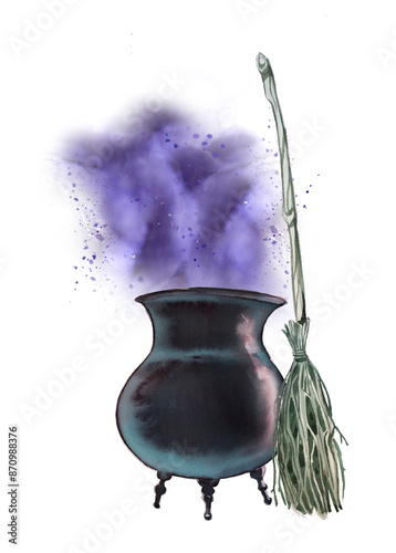 Cauldron with potion  and withch's broom illustration. Magic and wizardry concept clipart isolated on a white background. photo