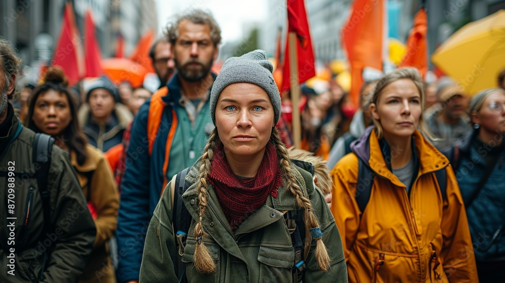 Realistic photo of a climate protest with diverse participants, showcasing the global movement demanding urgent action on climate change. , Minimalism,