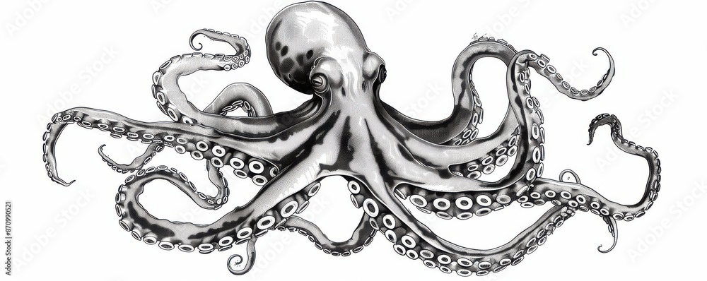 A black and white drawing of an octopus with its tentacles spread out ...