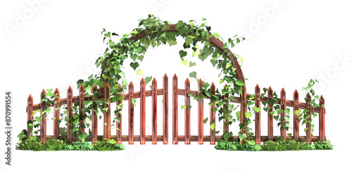 Beautiful wooden fence with garden arch and green vines on top, perfect for outdoor landscaping and garden design inspiration.