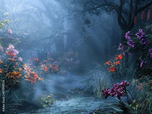 enchanted forest scene with ethereal fog and vivid flowers dreamlike atmosphere fantasy elements and rich color palette create a magical landscape of wonder and imagination