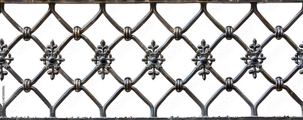 Naklejka premium Ornate metal fence with intricate floral patterns and crisscross design. Ideal for architecture and design projects requiring elegant metalwork.