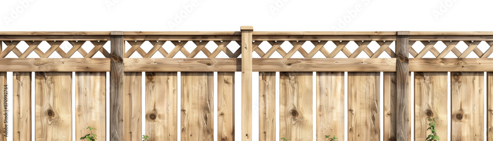 Wooden fence with decorative lattice top, perfect for residential backyard privacy and garden aesthetics. Wooden fence with decorative lattice top, perfect for residential backyard privacy and garden aesthetics.