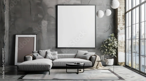minimalistic interior with blank canvas, empty canvas on wall with modern interior, copy sapce, wall art template