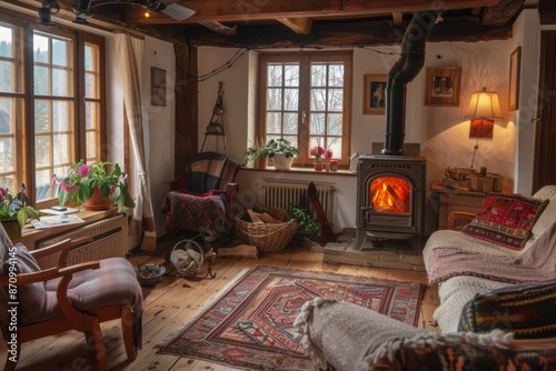 Rustic Cottage Living Room with Cozy Wood Burning Heater and Comfortable Wooden Furniture