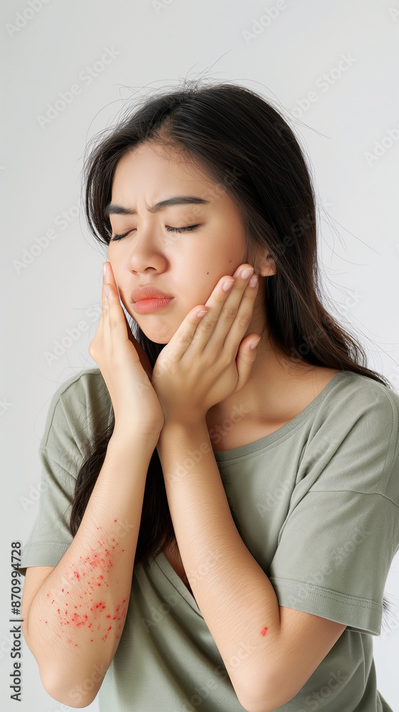 Dermatology asian young woman allergy, allergic reaction from atopic, insect bite, scratching itchy back of hand, red spot or rash of skin. Healthcare treatment of beauty. Isolated on white background Dermatology asian young woman allergy, allergic reaction from atopic, insect bite, scratching itchy back of hand, red spot or rash of skin. Healthcare treatment of beauty. Isolated on white background