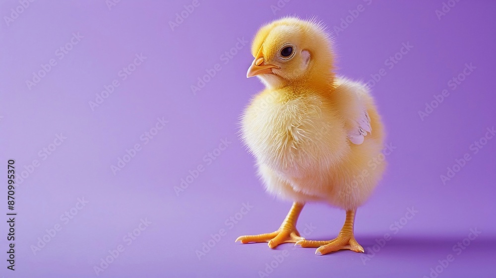 Pulcino bianco e giallo su sfondo viola, con spazio in alto per testo. Pulcino bianco e giallo su sfondo viola, con spazio in alto per testo.