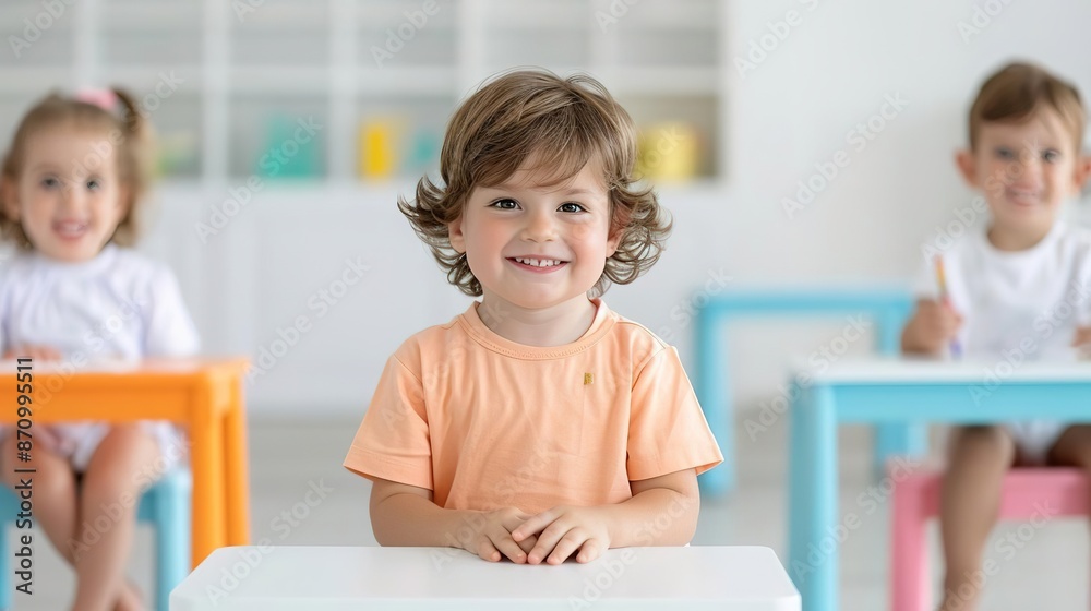 Eye-Level Angle, children sitting at colorful desks in a kindergarten classroom, engaged in learning activities, surrounded by educational materials and decorations, in a bright an Eye-Level Angle, children sitting at colorful desks in a kindergarten classroom, engaged in learning activities, surrounded by educational materials and decorations, in a bright an