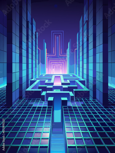 Futuristic Neon Cyber Grid Tunnel with Abstract Geometry