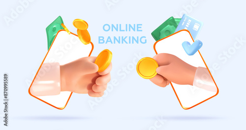 Online banking and online payment using an application or website. Payment concept via mobile phone. Easy and fast transfer of funds, money, cryptocurrency. 3D hands with coins in the phone. Vector