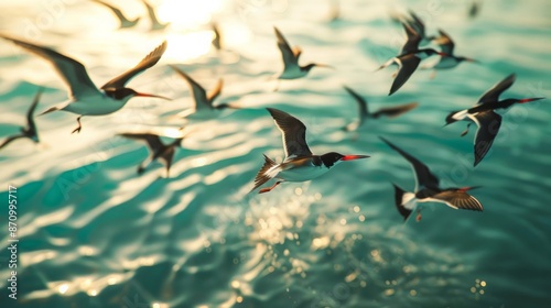 Black skimmers searching for food over reflective bay surface