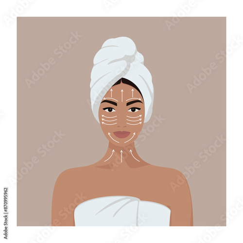 Beautiful young girl with a white towel on her head taking care of her facial skin. Woman's face with massage lines indicated by arrows, gua sha. Vector flat cartoon illustration EPS10