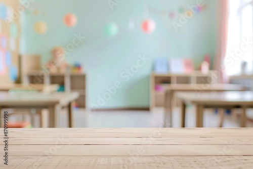 Blurred classroom with a wooden table in focus, copy space. Useful for school promotions and educational materials. High quality illustration