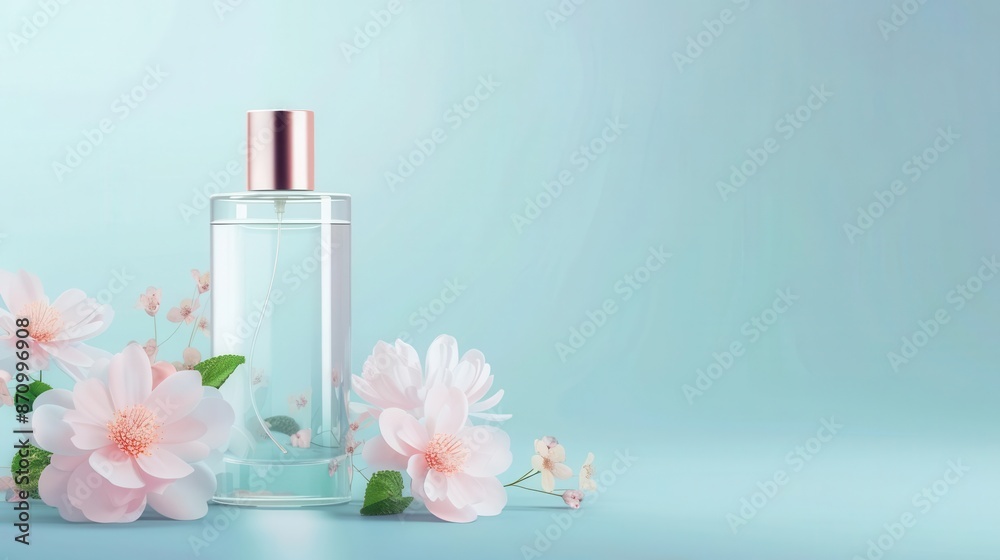 Elegant glass perfume bottle with pastel pink flowers on a soft blue background, perfect for beauty and fragrance concepts. Elegant glass perfume bottle with pastel pink flowers on a soft blue background, perfect for beauty and fragrance concepts.