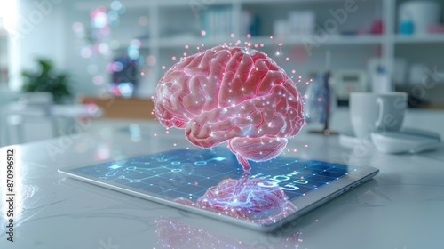 Image of a holographic 3D human brain over a tablet lying on table in doctor's office