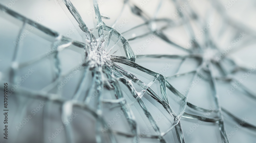 Close-up of shattered glass with intricate cracks and fragments. The broken glass creates a complex pattern, highlighting the fragility and unpredictability of materials Close-up of shattered glass with intricate cracks and fragments. The broken glass creates a complex pattern, highlighting the fragility and unpredictability of materials