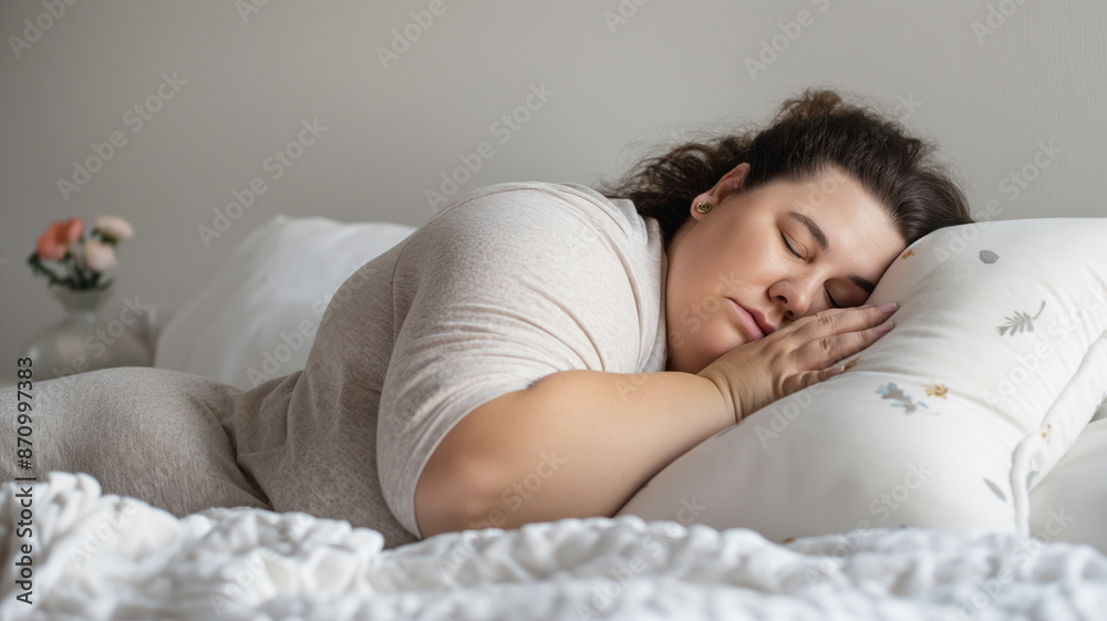 Overweight woman sleeping peacefully on a white bed. The serene setting includes soft bedding and a gentle atmosphere Overweight woman sleeping peacefully on a white bed. The serene setting includes soft bedding and a gentle atmosphere