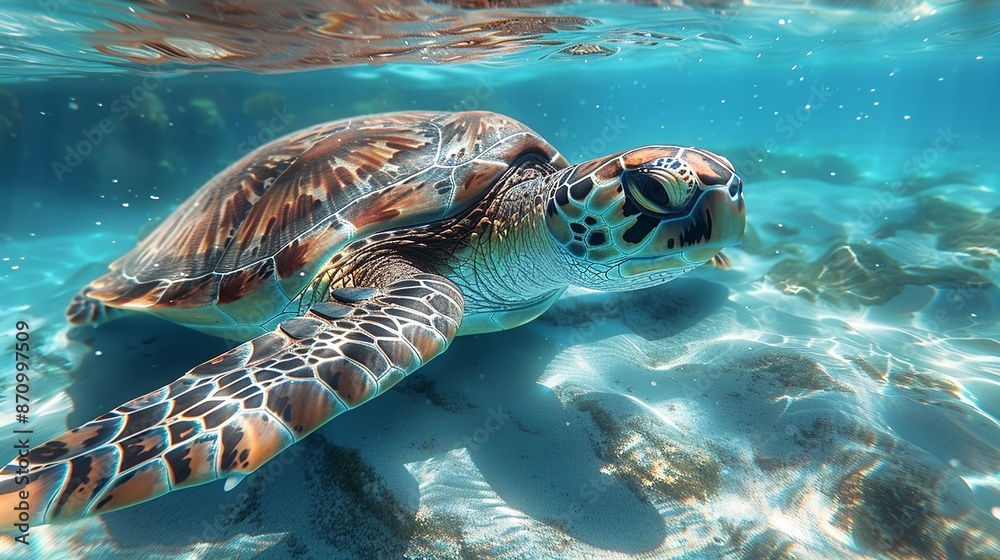 Fototapeta premium A detailed realistic photo of a turtle swimming in clear blue waters, emphasizing the importance of marine conservation and efforts to protect endangered marine species. , Minimalism,
