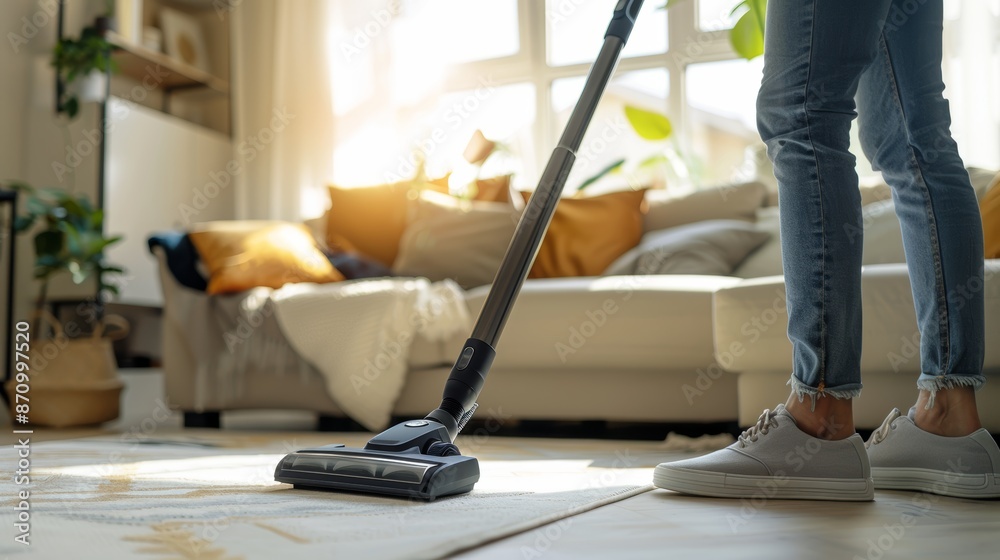 Fototapeta premium Young Professional Using Lightweight Cordless Vacuum Cleaner in Modern Studio Apartment for Easy Cleaning