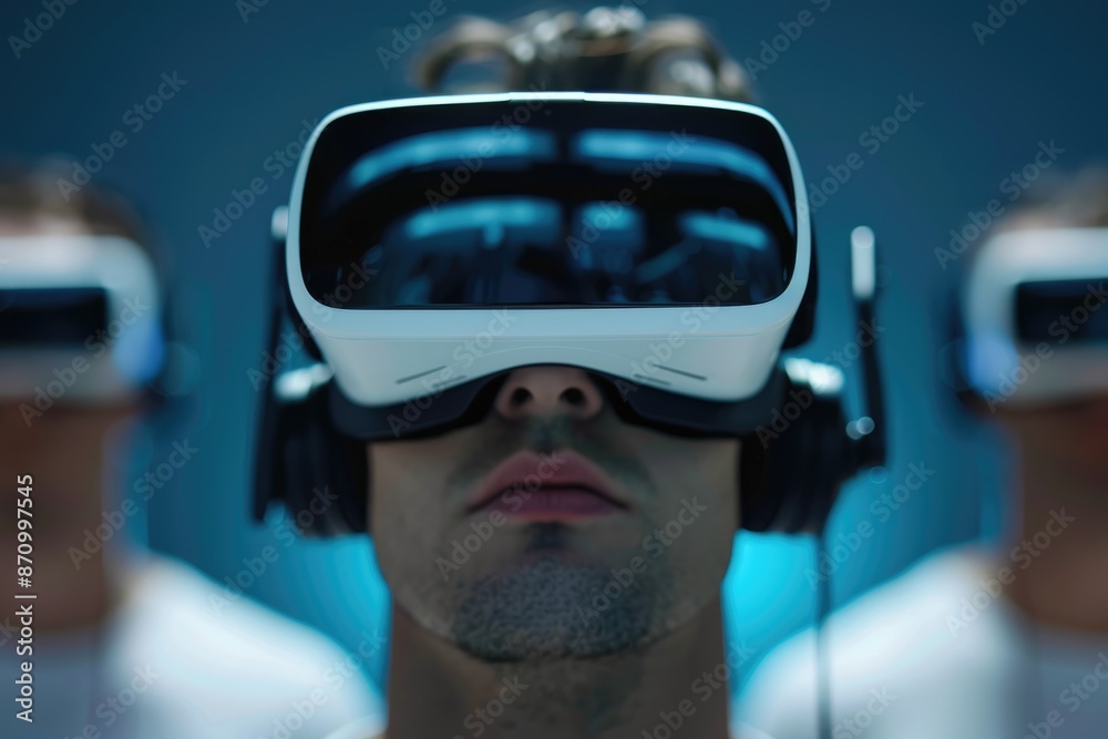 Man with VR glasses and headphones, virtual reality experience Man with VR glasses and headphones, virtual reality experience