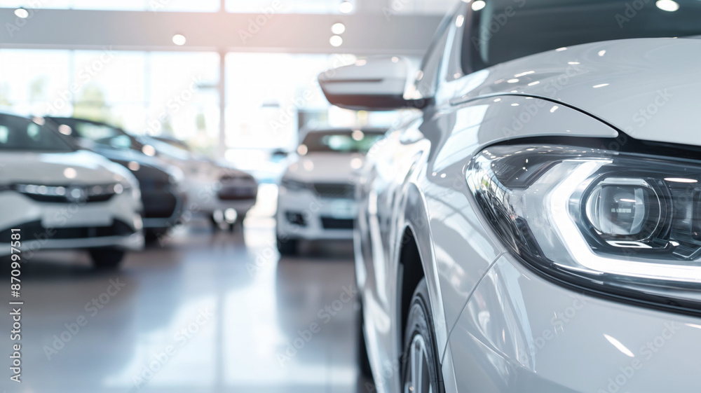 White cars displayed in a showroom with bright lighting. The focus is on the front car's headlight, highlighting the sleek and modern design White cars displayed in a showroom with bright lighting. The focus is on the front car's headlight, highlighting the sleek and modern design