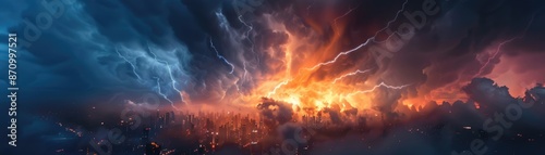 Lightning storm over urban skyline, lightning storm, cityscape drama