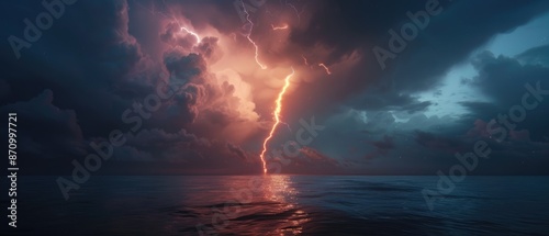 Single lightning bolt over ocean, lightning bolt, powerful storm