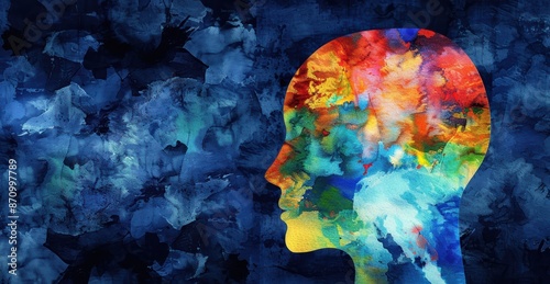 Profile of head filled with watered bright colors. Blue background, copy space. Concept of loosing concentration, getting dementia, or lost of mental health or memory.